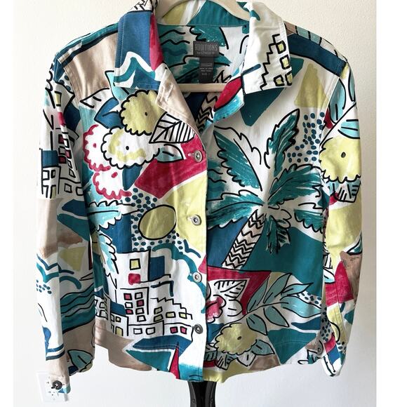Fun Colorful Boat Harbor Print Jacket Additions by Chicos Size 1 Medium 8 - Picture 1 of 9